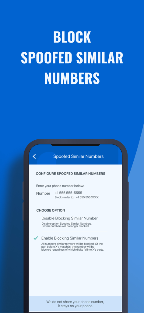 Call Control: #1 Call Blocker - Interfaz de la aplicación Call Control que muestra la configuración para bloquear números similares al número de teléfono del usuario