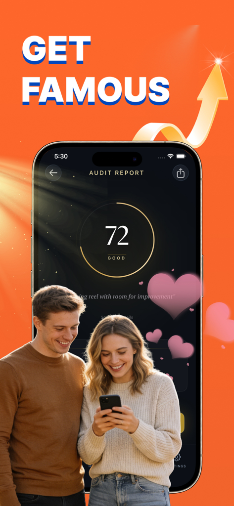 Tik Fast -Follower,Like,Fan,s - A young man and woman looking at a smartphone screen showing a social media content audit report