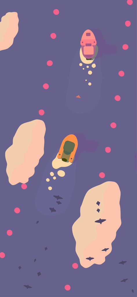 1sland - Top-down view of boats navigating a purple sea past islands and pink markers in 1sland
