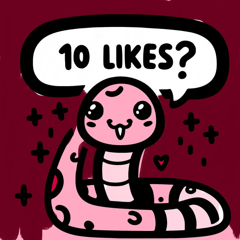 cute snake saying "10 likes?"