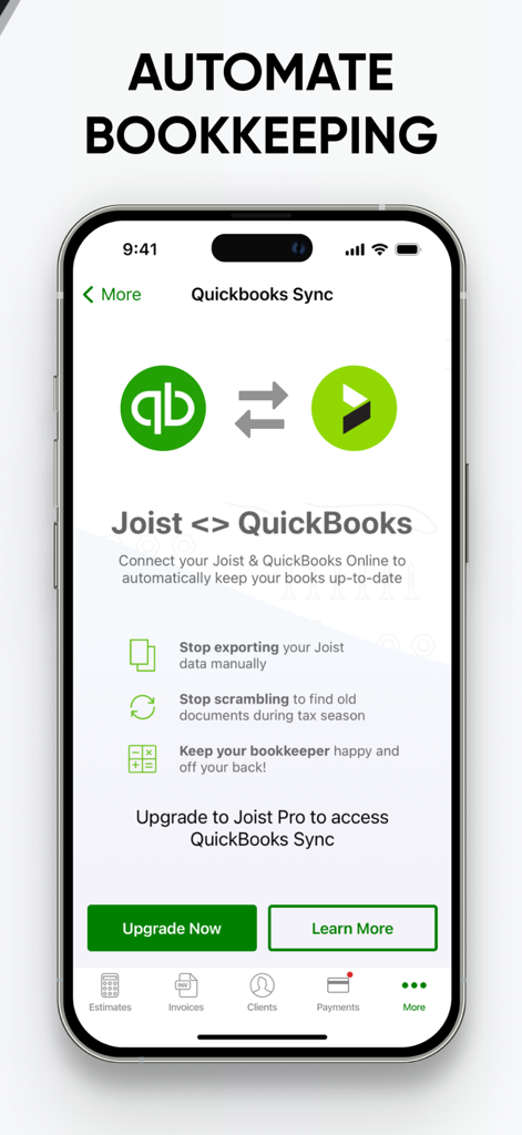 Joist app screen showing QuickBooks integration for automated bookkeeping for trade contractors