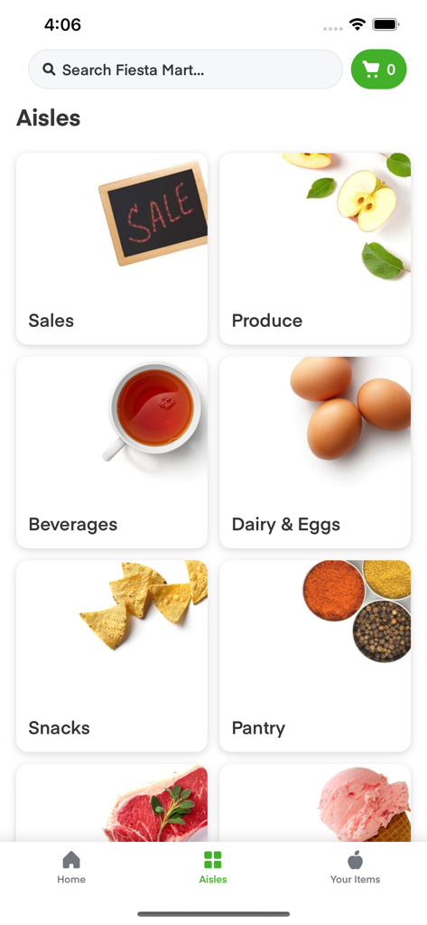 Fiesta Mart - Interface do aplicativo móvel Fiesta Mart mostrando categorias de mercearia como promoções, produtos frescos, bebidas e laticínios.