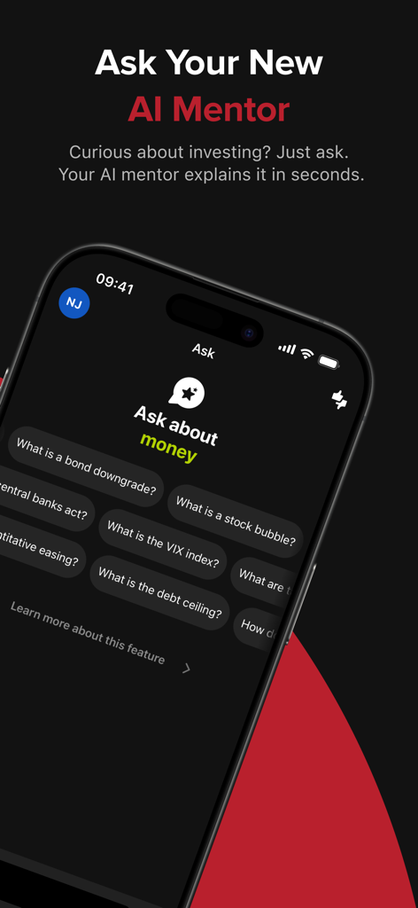 IBKR InvestMentor - IBKR InvestMentor mobile app interface showing the AI Mentor feature with suggested investing questions like What is a stock bubble and What is the VIX index.