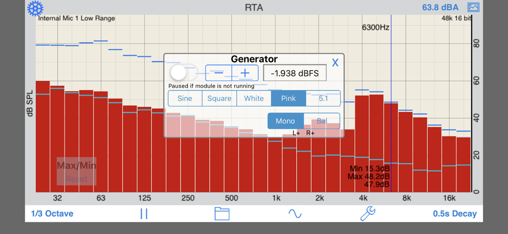RTA app interface showing a 1/3 octave frequency spectrum and an audio signal generator popup
