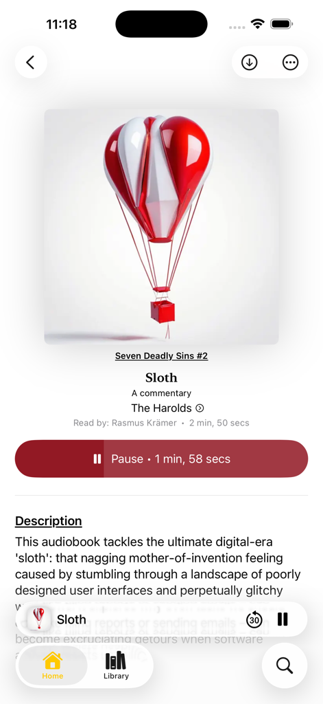 The ShelfPlayer app interface displaying a playback screen for an audiobook titled Sloth with play controls and a book description
