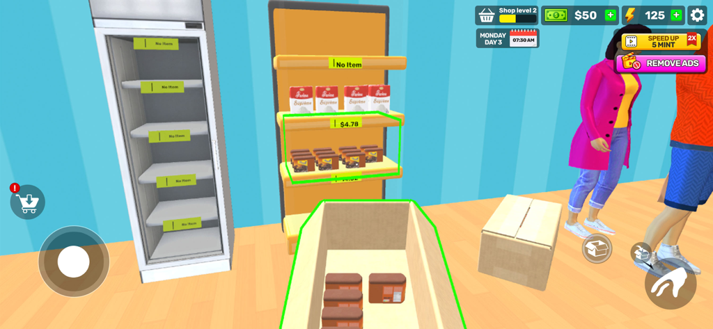 Supermart Store 3D Simulator - Uma tela de jogo de simulação de supermercado 3D mostrando o jogador reabastecendo prateleiras de supermercado a partir de caixas.