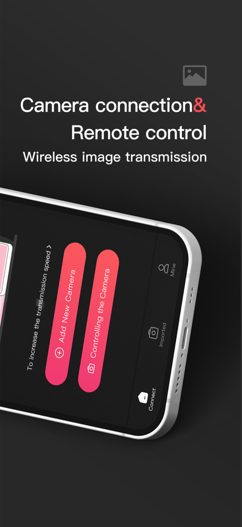 Interface of the PlayMemories Mobile Connect app for Sony cameras showing buttons for adding a new camera and remote control functions
