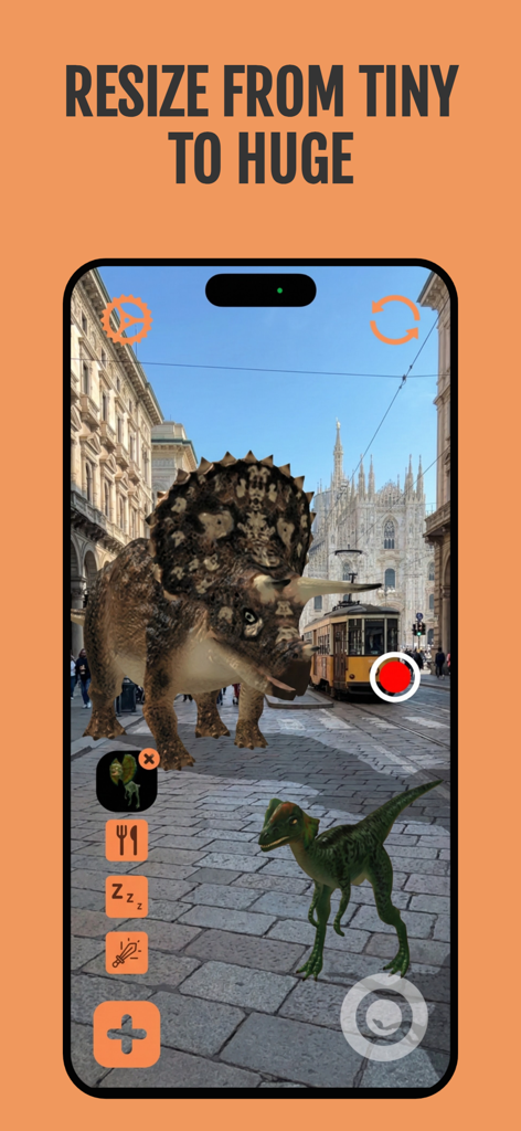 Augmented reality view showing a large Triceratops and small dinosaur resized on a city street