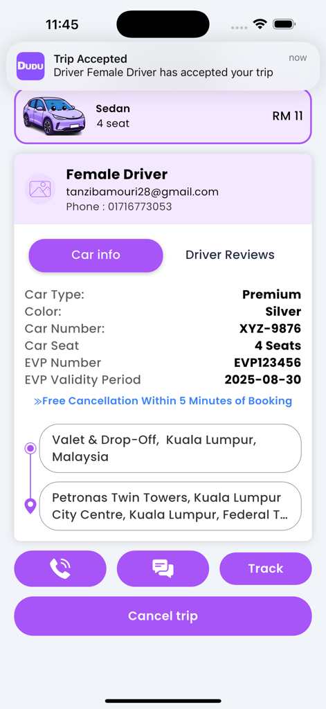 DUDU Car Malaysia - DUDU Car Malaysia App-Oberfläche, die Fahrtdetails, Fahrzeuspezifikationen und Informationen zum professionellen Fahrer anzeigt.
