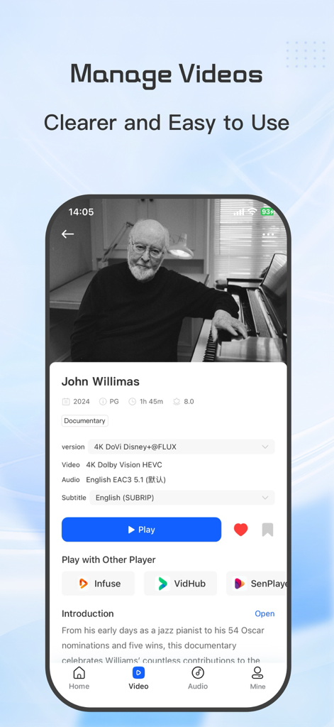 DS Cloud-Video Library&Player - DS Cloud app interface showing video library management and 4K playback details on iPhone