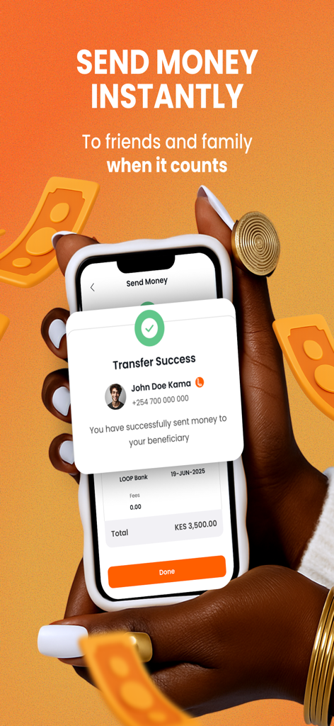 Smartphone screen showing a successful money transfer with the LOOP app