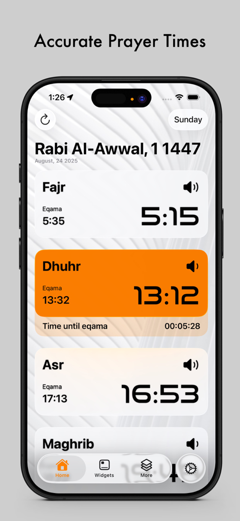 Athan: Full Athan - Pantalla de iPhone que muestra horarios de oración islámicos precisos y calendario Hijri en la aplicación Athan.