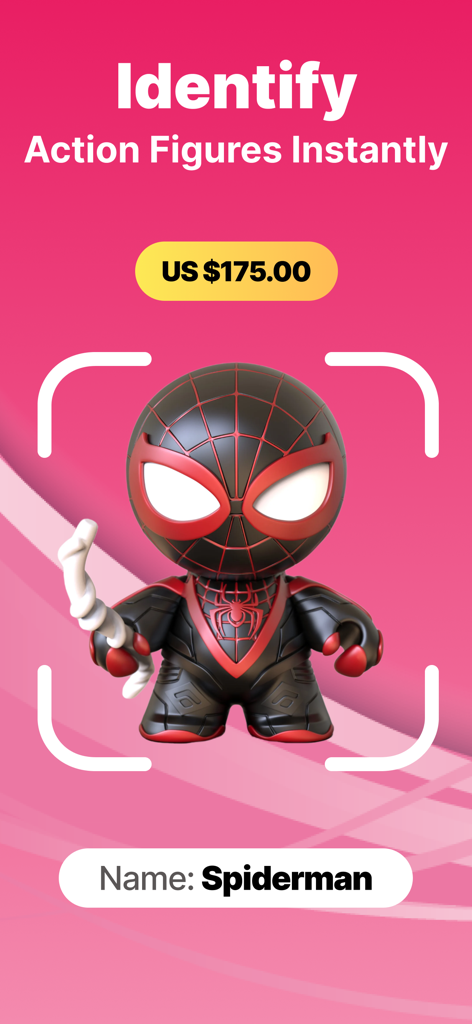 Figure ID: AI Toy Identifier - Interface do aplicativo Figure ID escaneando uma figura de ação do Homem-Aranha e exibindo seu nome e valor de mercado de 175 dólares.