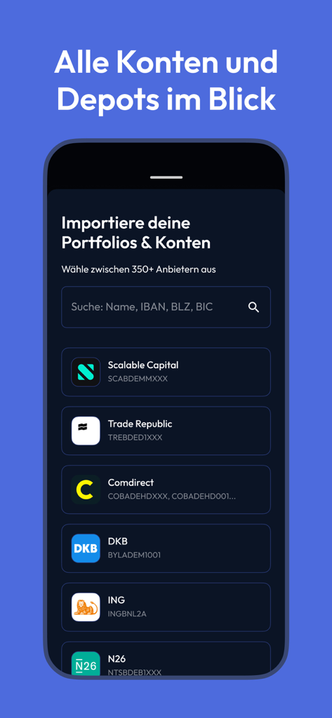 Finanzfluss Copilot - Pantalla de teléfono inteligente que muestra la interfaz de la aplicación Finanzfluss Copilot para importar cuentas bancarias y carteras de inversión de múltiples proveedores financieros