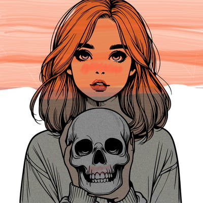 realistic girl holding a skull