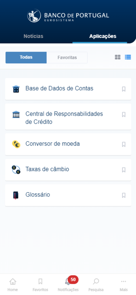 Tableau de bord de l'application Banco de Portugal affichant les services financiers, notamment les rapports de solvabilité et la conversion de devises.