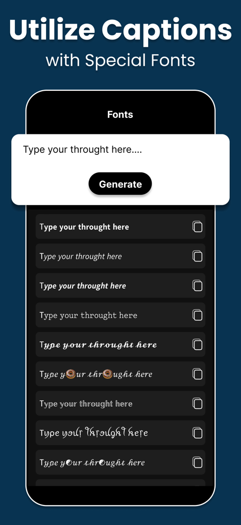 AI Social Media Post Maker - Interface mostrando vários estilos de fontes personalizadas para legendas de mídia social