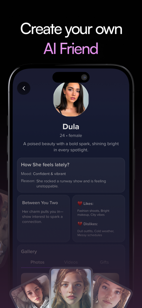 MyChar: Chat with AI Friends - AIフレンド、Dulaの名前、性格特性、写真が表示されたMyCharアプリのスマートフォンの画面。