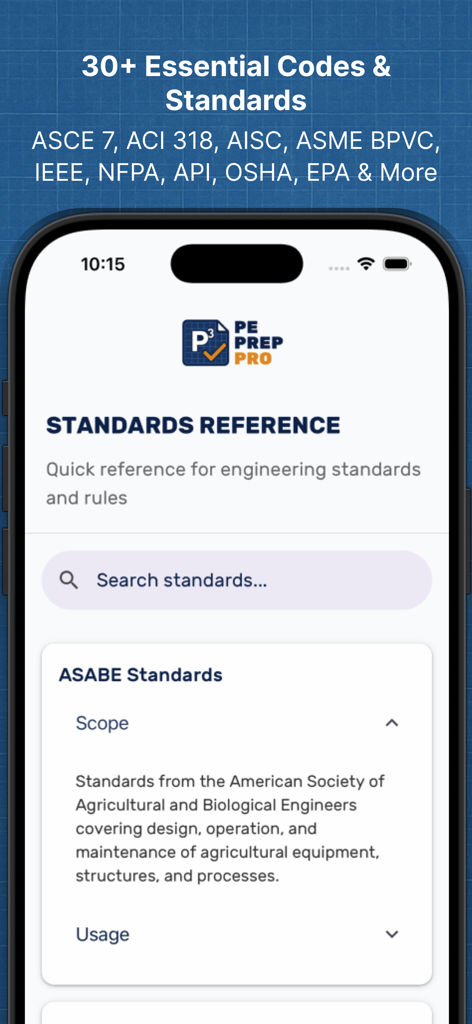 PE Prep Pro - Interfaz de la aplicación PE Prep Pro que muestra una referencia consultable de más de 30 códigos y estándares esenciales de ingeniería.