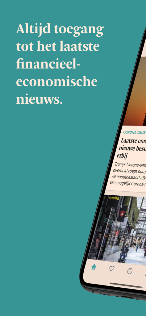 ティールブルーの背景にオランダの金融ニュースの見出しが表示されたFDアプリのインターフェースを示すiPhone