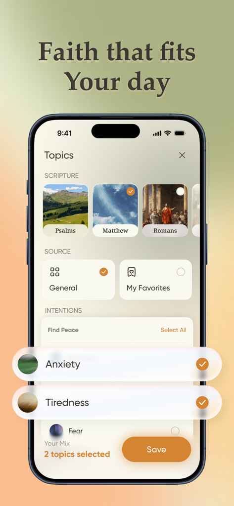 Bible Widget & Verse - Biblo - Una pantalla de aplicación móvil que muestra cómo seleccionar versículos bíblicos por libro e intención emocional como ansiedad o cansancio.