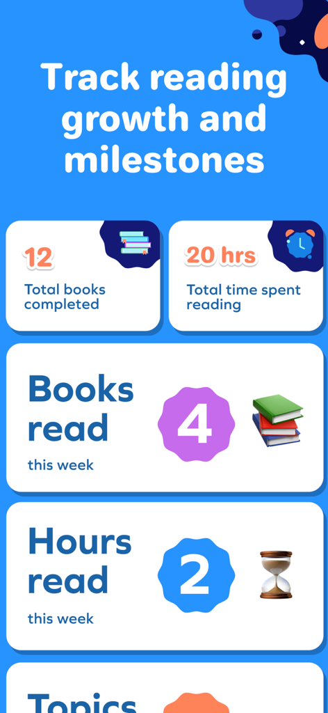 Splash Books: Kids Reading App - A dashboard tracking reading growth and milestones showing total books completed and hours spent reading