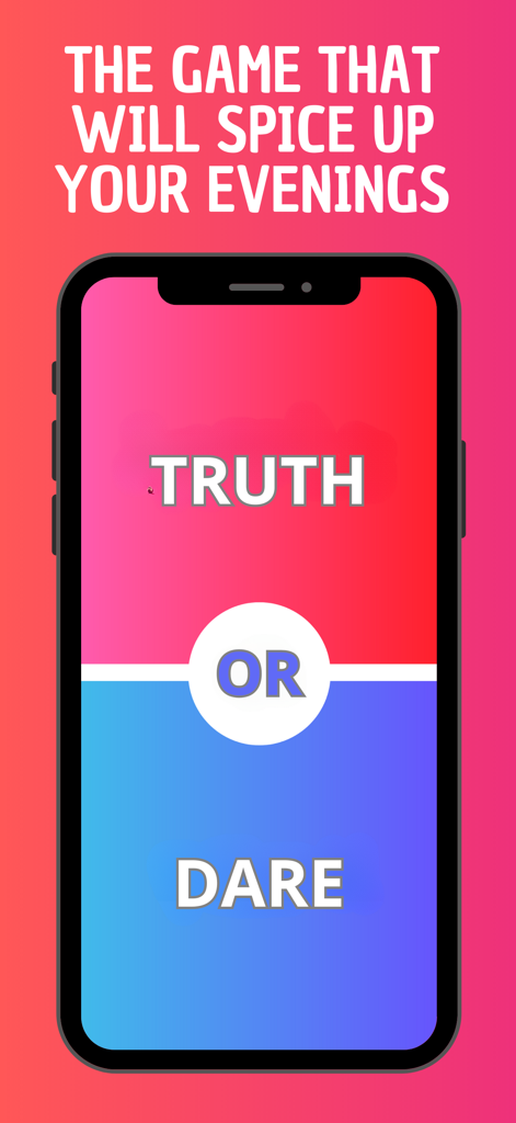 Truth or Dare - Freaky Game - Smartphone-Bildschirm, der die Auswahl des Spiels Truth or Dare mit einer pink-blauen Oberfläche zeigt