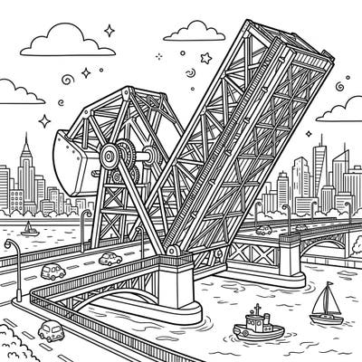 Dive into the intricate world of engineering with this captivating bascule bridge coloring page, perfectly designed for creative teens. Explore a bustling cityscape and moving bridge in a scene bursting with detail, ready for your artistic touch.