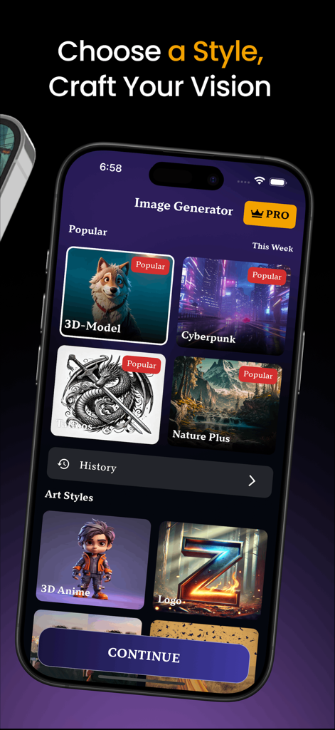 AI Image,Photo & Art Generator - AI画像ジェネレーターインターフェイス。サイバーパンクや3Dモデルなどの様々なアートスタイルを表示