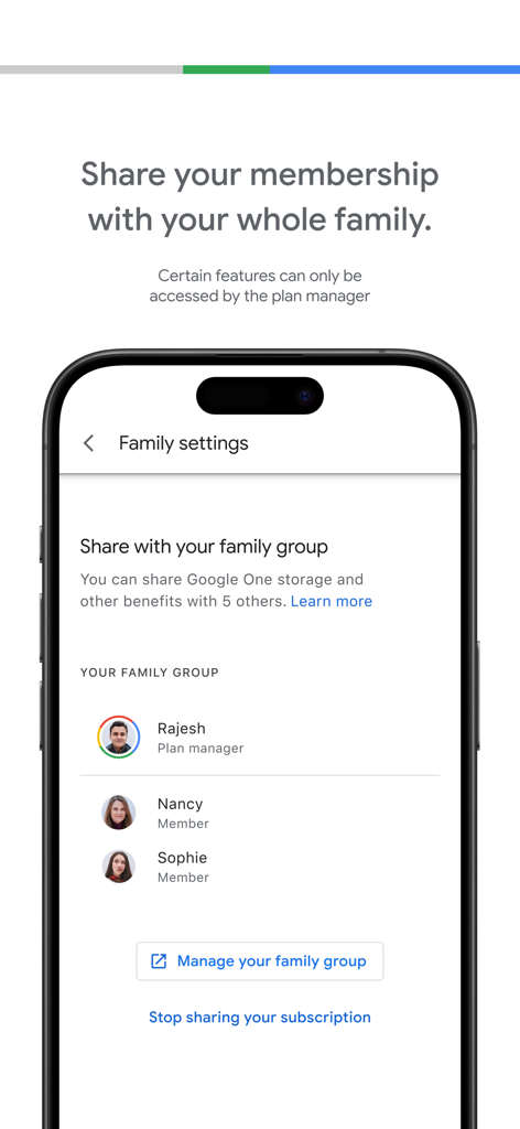 Google One app interface showing family membership sharing settings and group members