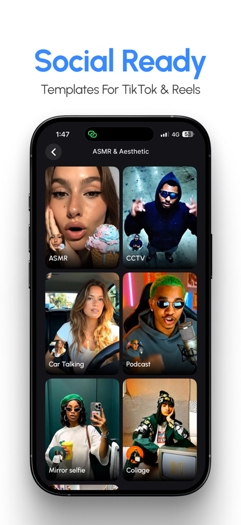 BeGen app screen featuring social media video templates for TikTok and Instagram Reels including ASMR and podcast styles