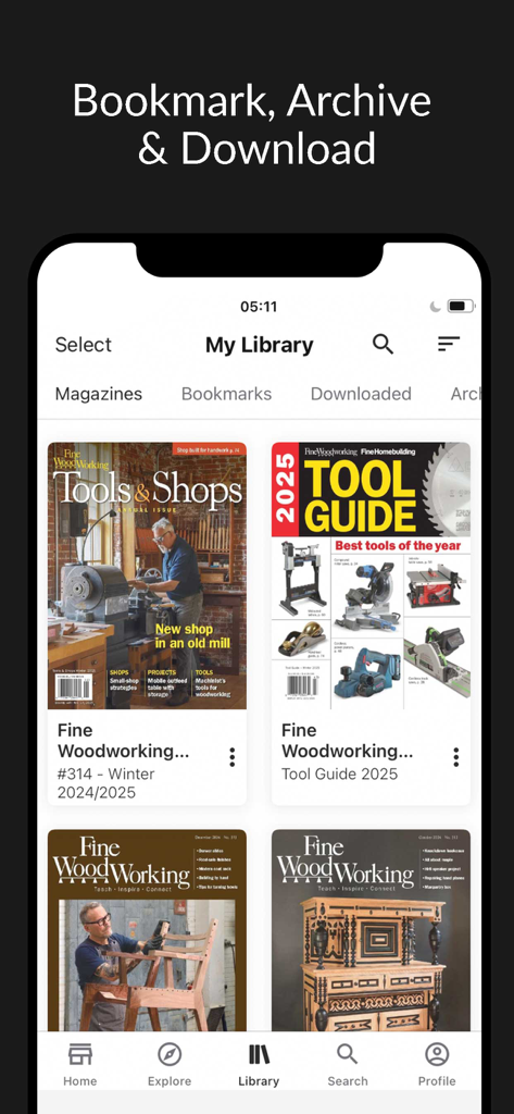Fine Woodworking Magazine - Screenshot of the Fine Woodworking Magazine app library screen displaying digital magazine covers and download options