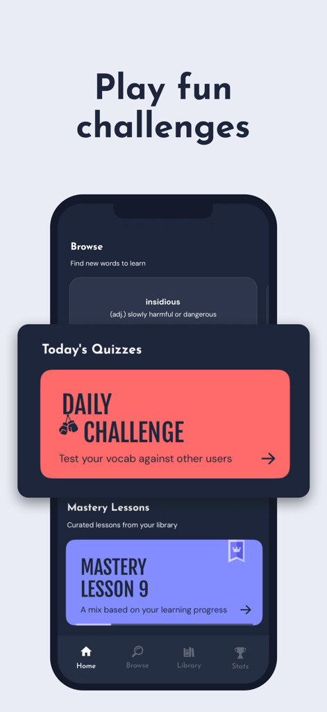 Nodu app interface showing daily vocabulary challenges and word mastery lessons
