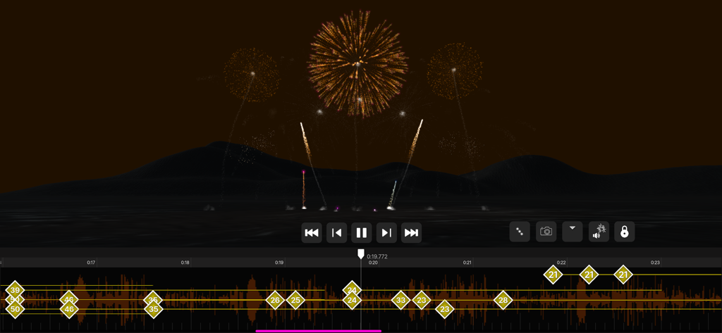Pyro Simulator for iPhone - Pyro Simulator app interface showing a fireworks show synchronized to an audio timeline