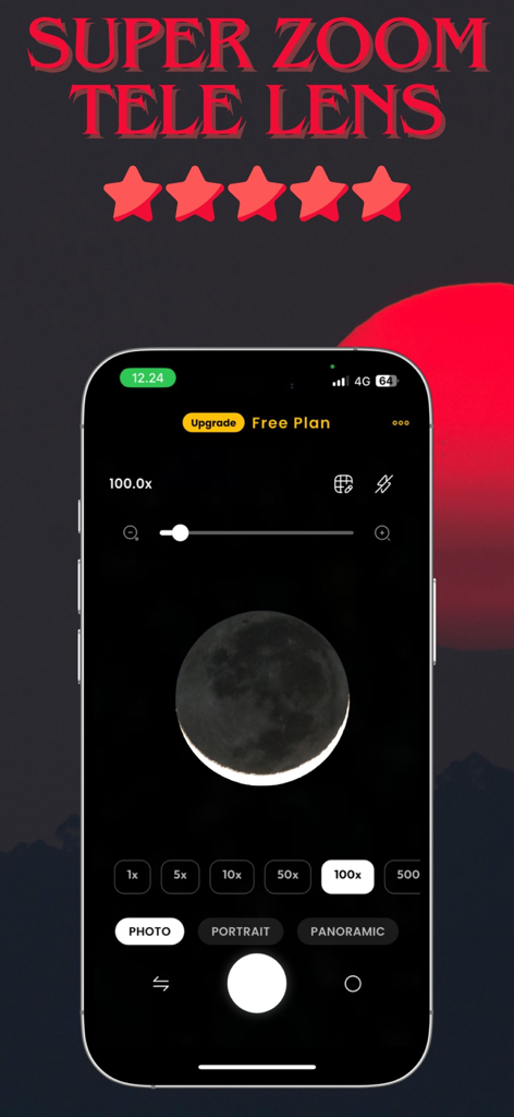 Tele Camera : 1000x Ultra Zoom - Tele Camera app interface showing a 100x zoom on a crescent moon with professional camera controls.
