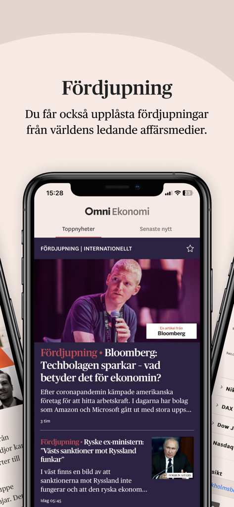 Omni Ekonomiアプリが国際金融ニュース記事と詳細な分析を表示しているスマートフォンの画面。