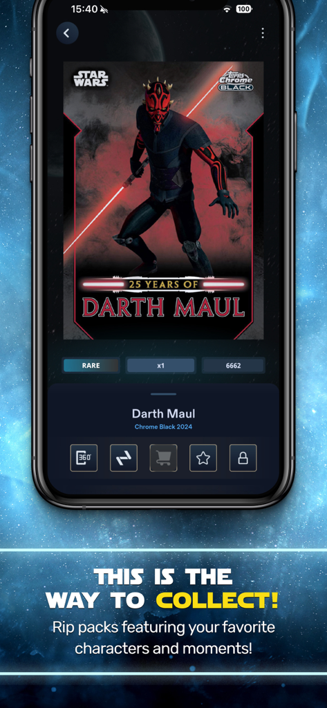 Star Wars Card Trader by Topps - Una carta coleccionable digital rara de Darth Maul mostrada dentro de la interfaz de la aplicación móvil Star Wars Card Trader de Topps.