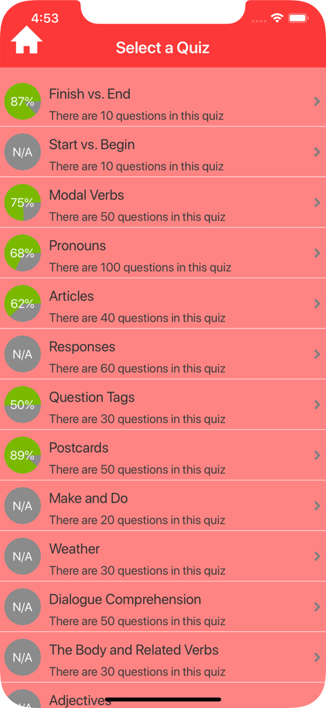 Elementary English Grammar - English grammar quiz selection screen showing various topics and student achievement scores.