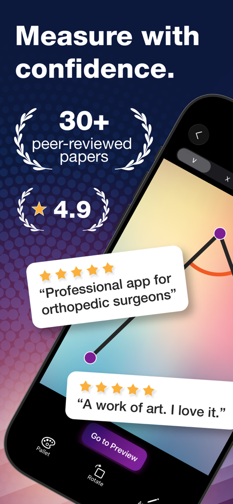 Angulus Pro - Precision Angle - Aplicativo Angulus Pro exibindo validação clínica através de pesquisa revisada por pares e avaliações de usuários profissionais.