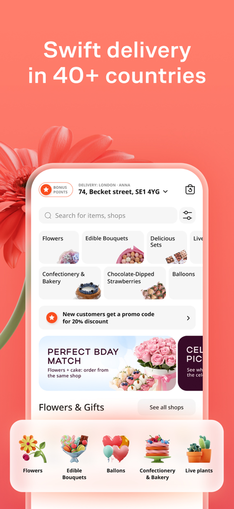 Flowwow mobile app main screen featuring gift categories and international delivery services.