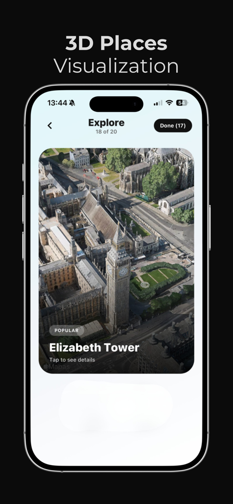 Tripfy travel app showing a 3D satellite view of Elizabeth Tower in London