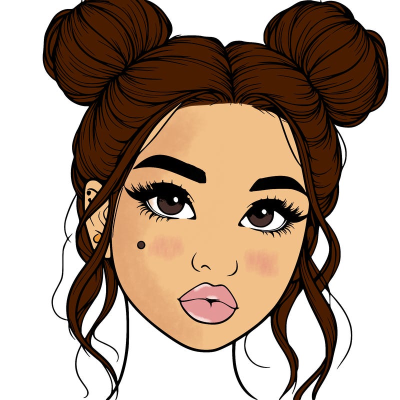 realistic girl with two buns on her hair and lips