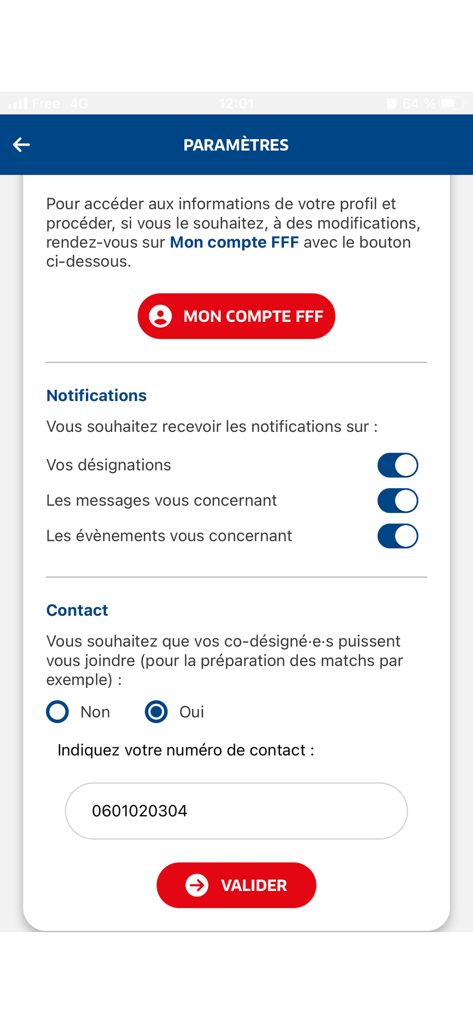 Pantalla de configuración de la app Officiels FFF para árbitros de fútbol