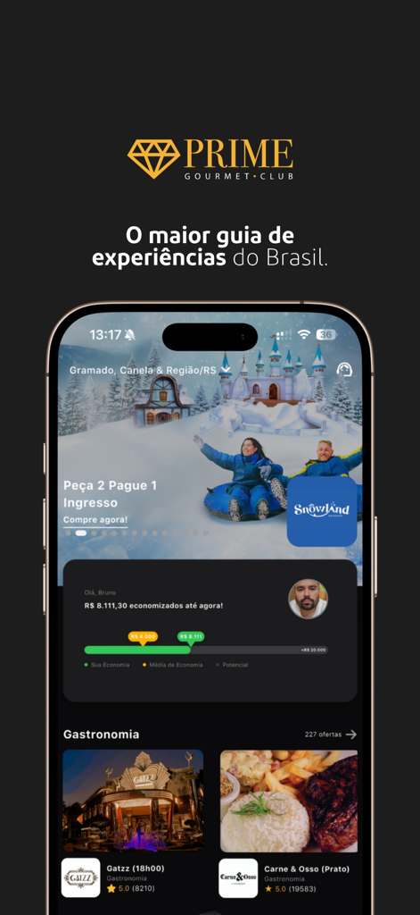 Interface do aplicativo Prime Gourmet Club mostrando ofertas BOGO e um rastreador de economia