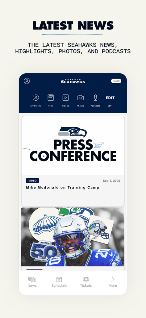 Seattle Seahawks - 최신 팀 뉴스 및 비디오를 표시하는 시애틀 시호크스 공식 앱