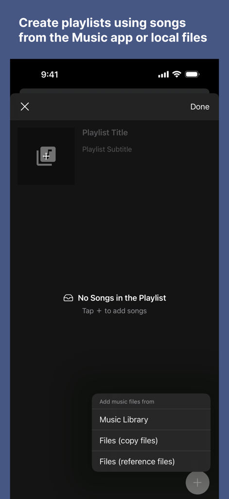 Music Player+ - Pantalla de Music Player Plus mostrando cómo crear listas de reproducción añadiendo canciones de la biblioteca de música de iOS o archivos locales