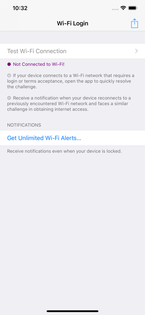 The home screen of the Wi-Fi Login app showing the Wi-Fi connection test status and notification settings.