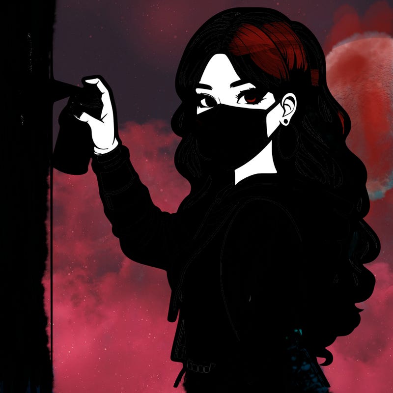 realistic girl with mask spray painting a wall