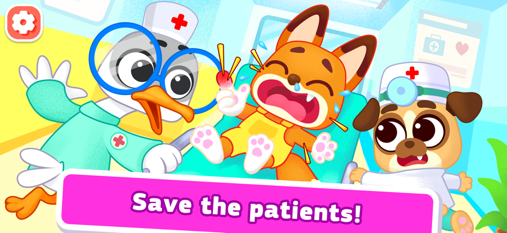 Pet Hospital games. Vet doctor - Médicos de pato y perro de dibujos animados tratando a un paciente zorro llorando en un hospital de mascotas