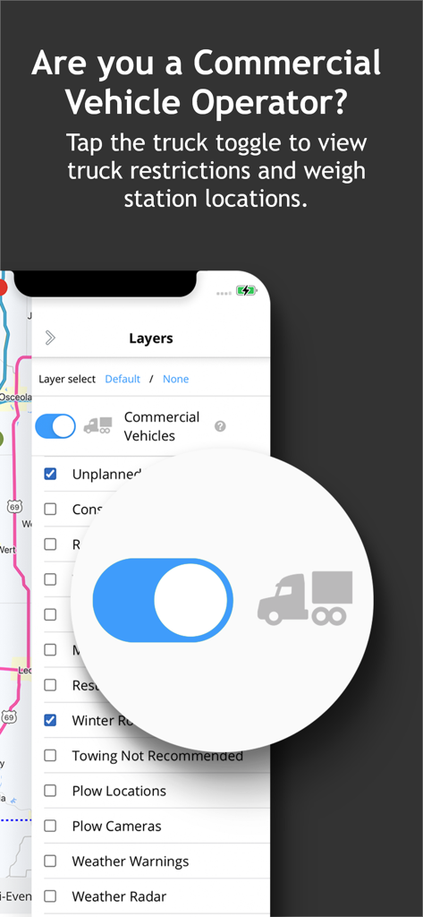 Iowa 511 - Iowa 511 app screenshot showing the commercial vehicle layer toggle to view truck restrictions and weigh station locations
